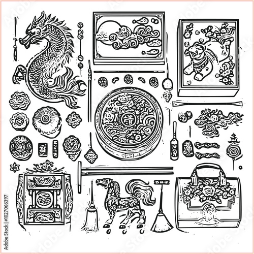 lunar new year,Chinese dragon,
Dragon with round shield, cut, out vector, silhouette,
fantasy, mythology, reptile, tattoo, characters, clip art, cut out, luxury, mascot, medieval, monochrome, prosperi
