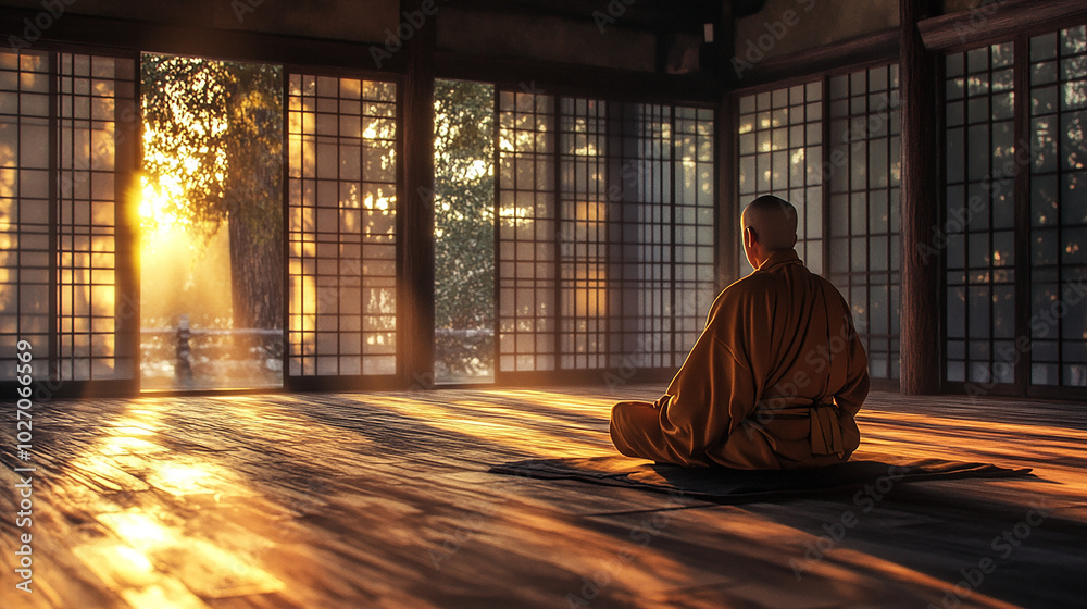 Buddhist monk practicing Zazen meditation in a quiet place Buddhist monk practicing Zazen meditation in a quiet place