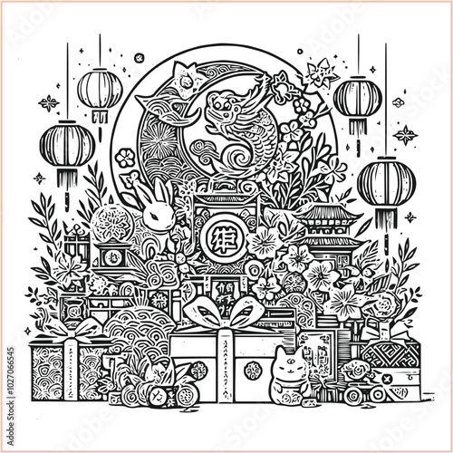 lunar new year,Chinese dragon,
Dragon with round shield, cut, out vector, silhouette,
fantasy, mythology, reptile, tattoo, characters, clip art, cut out, luxury, mascot, medieval, monochrome, prosperi