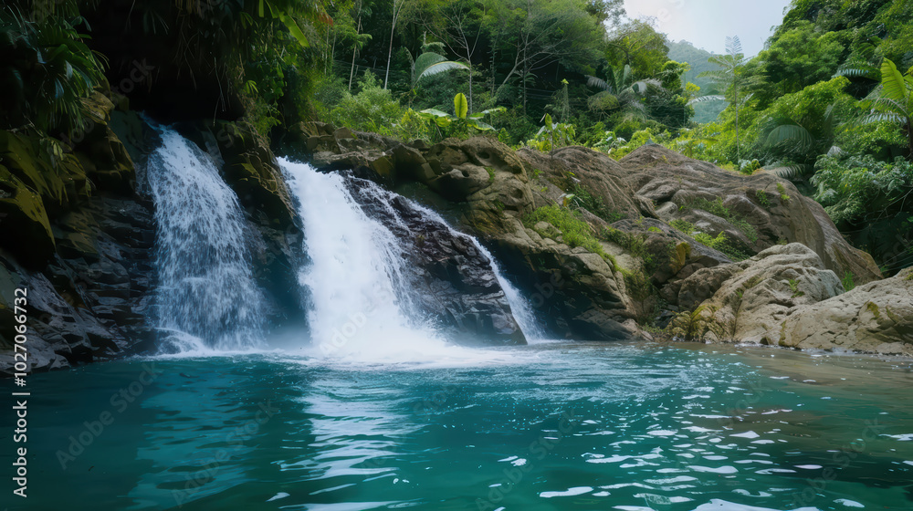 Naklejka premium serene waterfall cascades into tranquil pool surrounded by lush greenery, creating peaceful oasis in nature. vibrant colors and soothing sounds evoke sense of calm and relaxation