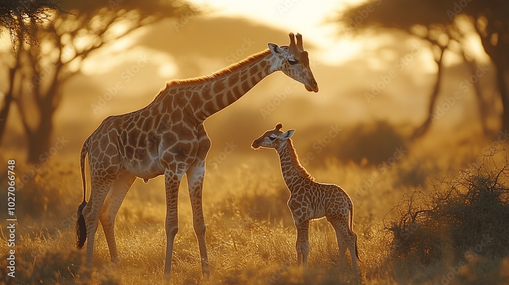Obraz premium A mother giraffe and her calf stand in a golden savanna at sunset. The mother looks off to the side while the calf looks towards the camera.