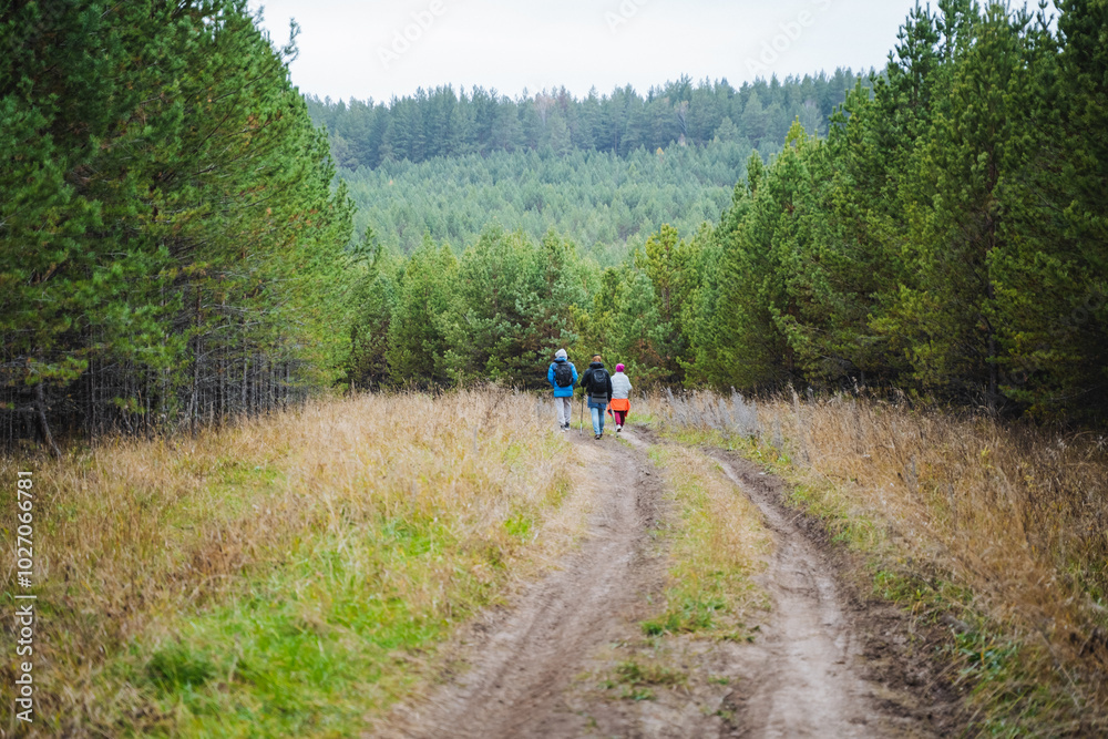 A diverse group of individuals is leisurely walking down a dirt road that winds through a beautiful wooded area, surrounded by the tall trees and the peaceful sounds of nature A diverse group of individuals is leisurely walking down a dirt road that winds through a beautiful wooded area, surrounded by the tall trees and the peaceful sounds of nature