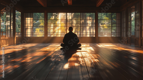 Buddhist monk practicing Zazen meditation in a quiet place