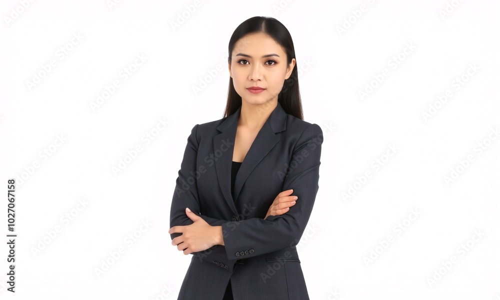 A professional young Asian businesswoman standing confidently dressed in a sleek tailored suit isolated against a clean white background A professional young Asian businesswoman standing confidently dressed in a sleek tailored suit isolated against a clean white background