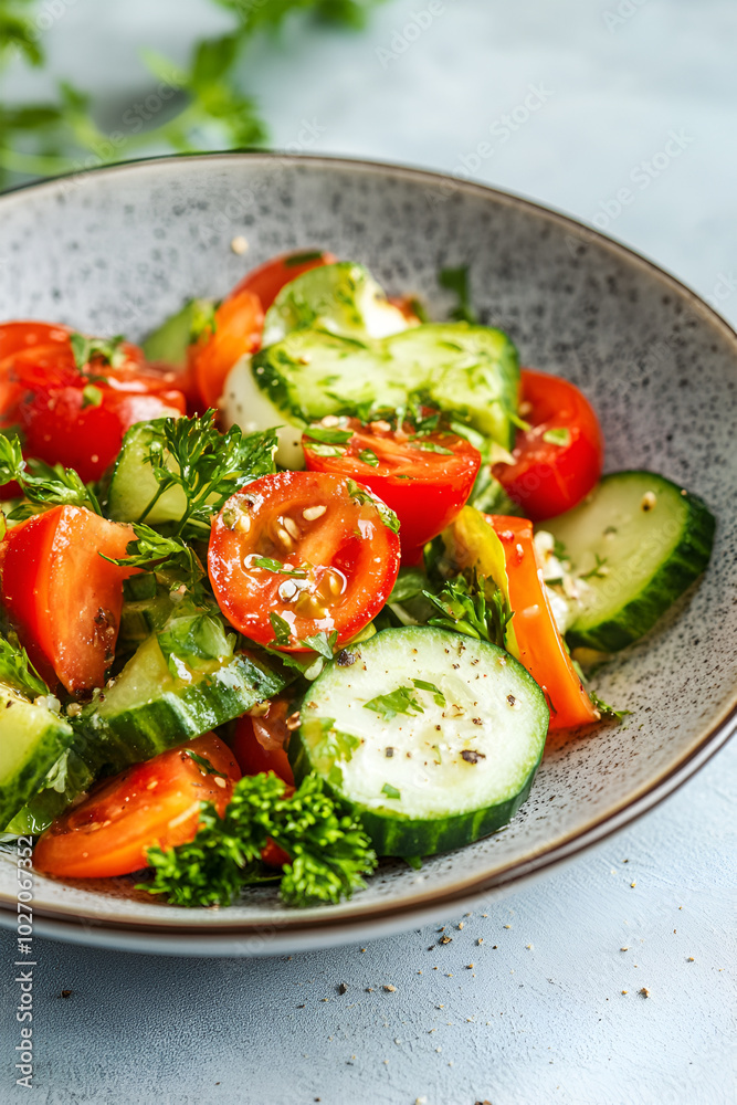 Summer salad with watermelon, cucumber, cheese and mint in a plate on white table with fork. close up. Healthy summer vegetarian food Summer salad with watermelon, cucumber, cheese and mint in a plate on white table with fork. close up. Healthy summer vegetarian food