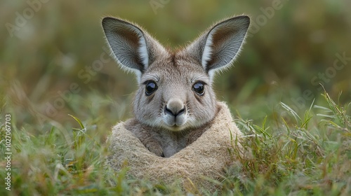 A cute baby kangaroo with big ears and large, dark eyes sits in the grass, looking directly at the camera. It is wrapped in a soft, brown blanket.