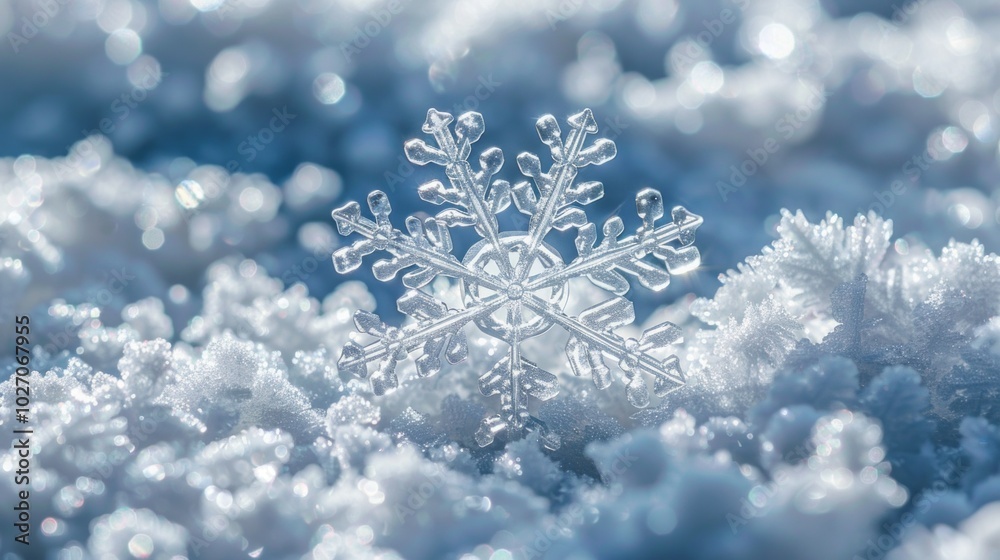 A snowflake is sitting on top of a pile of snow A snowflake is sitting on top of a pile of snow