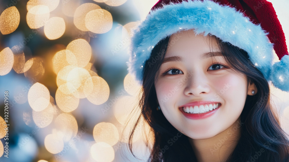 Smiling woman wearing a Santa hat in a festive winter setting with lights Smiling woman wearing a Santa hat in a festive winter setting with lights