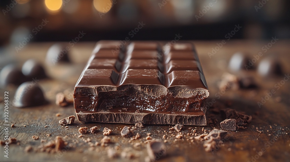 A close-up of a broken chocolate bar with pieces of chocolate and a few chocolate truffles scattered around it. A close-up of a broken chocolate bar with pieces of chocolate and a few chocolate truffles scattered around it.