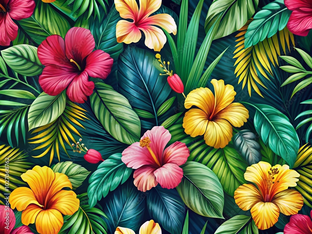 Tropical Seamless Pattern with Hibiscus Flowers and Lush Leaves for Fashion and Home Decor Tropical Seamless Pattern with Hibiscus Flowers and Lush Leaves for Fashion and Home Decor