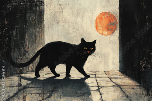 Design a hauntingly beautiful black cat walking along a moonlit vintage street, invoking a sense of nostalgia and mystery for Halloween photo