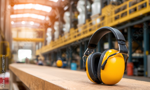 A pair of yellow ear protection earmuffs placed on a workbench with a soft-focus industrial plant environment in the background