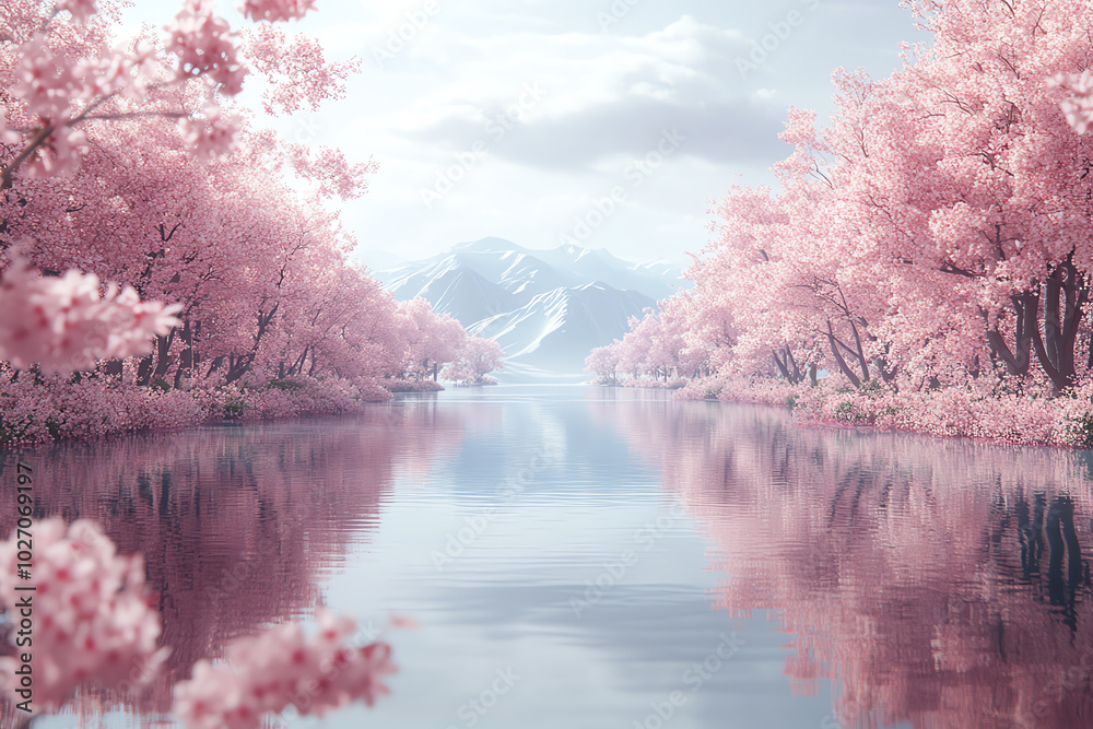 Design an aerial perspective of a cherry blossom forest in spring Design an aerial perspective of a cherry blossom forest in spring