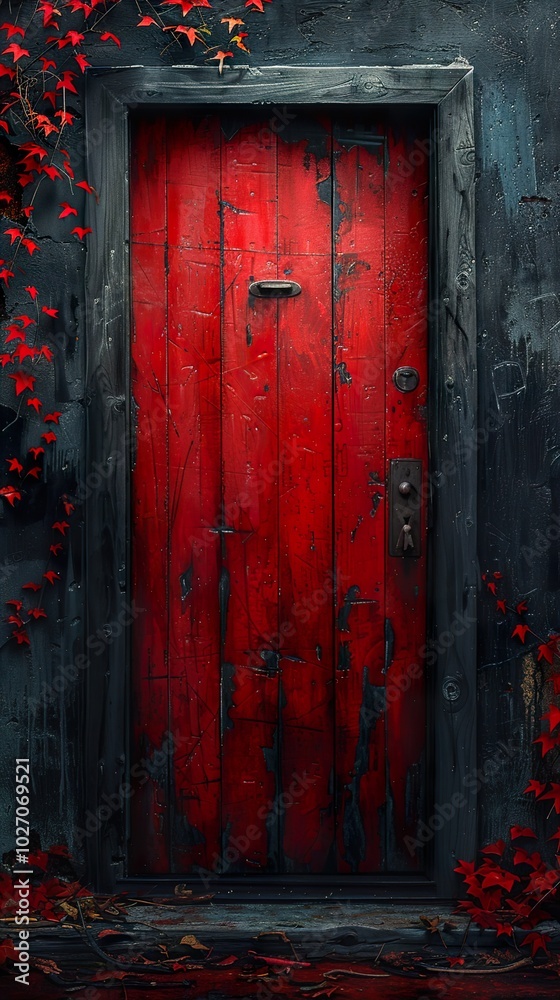 Red Doorway with Weathered Wood and Autumn Leaves Red Doorway with Weathered Wood and Autumn Leaves
