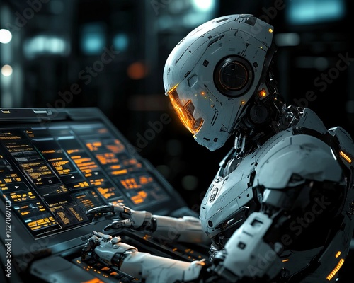 A futuristic robot works at a computer console in a dimly lit room.