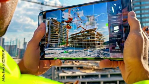 Construction Worker Using Augmented Reality on a Smartphone to Visualize a Building
