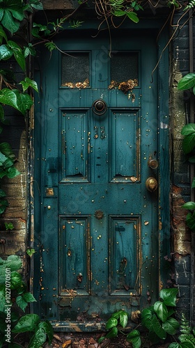 Weathered Green Door with Ivy and Brick Wall