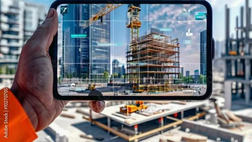 Construction Worker Using Augmented Reality on a Smartphone to Visualize a Building