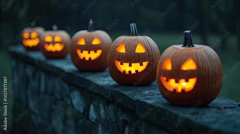 A row of glowing jack-o'-lanterns set against a dark backdrop, embodying the spooky spirit of Halloween. A row of glowing jack-o'-lanterns set against a dark backdrop, embodying the spooky spirit of Halloween.