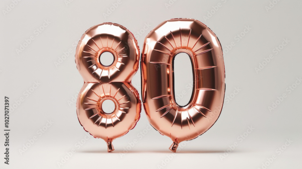 Shiny rose gold number 80 balloon on a bright white background Shiny rose gold number 80 balloon on a bright white background