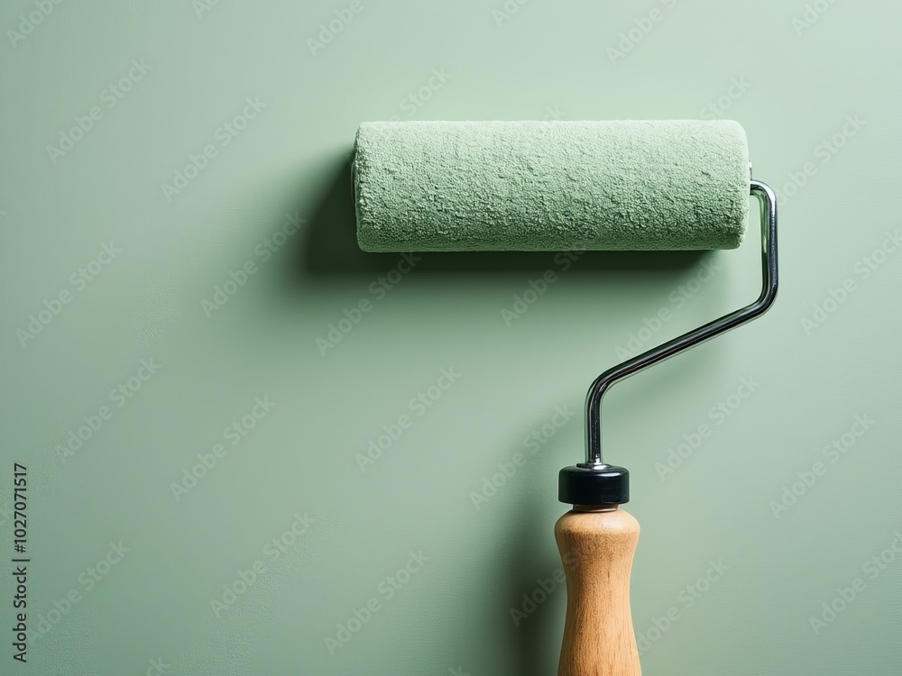 Obraz premium Minimalist green paint roller with wooden handle resting on a smooth green wall, representing interior design, painting tools, and home renovation