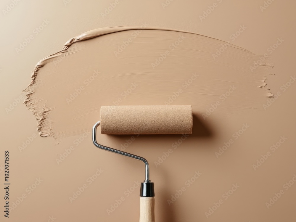 Obraz premium Paint roller applying smooth beige paint on a wall with a wooden handle, representing home improvement and interior renovation projects