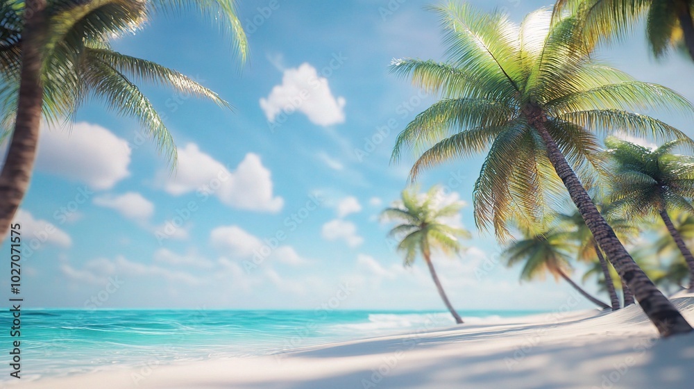 Serene Beach with Palm Trees and Clear Blue Sky Serene Beach with Palm Trees and Clear Blue Sky