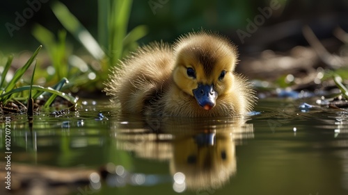 A fluffy duckling gleams in the sunlight with its yellow feathers. The duckling's dark eyes are wide, and it is curious as it explores its surroundings.