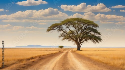 A solitary tree stands in a vast golden grassland under a blue sky adorned with fluffy white clouds.