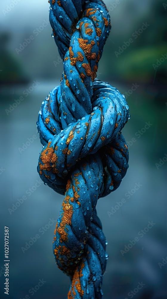 Close-up of a Blue Rope Knot with Water Drops Close-up of a Blue Rope Knot with Water Drops