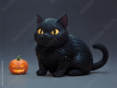 Spooky Black Cat with Pumpkin: A playful and slightly spooky black cat with glowing yellow eyes sits beside a carved pumpkin, creating a charming and eerie Halloween scene. 