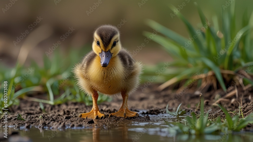 A fluffy duckling gleams in the sunlight with its yellow feathers. The duckling's dark eyes are wide, and it is curious as it explores its surroundings.