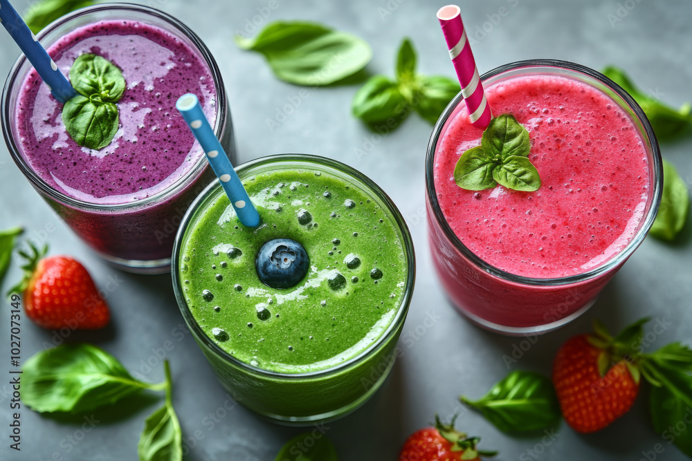 Refreshing smoothie trio in vibrant colors featuring fresh fruit and basil