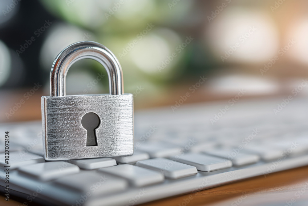 Silver padlock on white keyboard symbolizing data protection in modern office Silver padlock on white keyboard symbolizing data protection in modern office