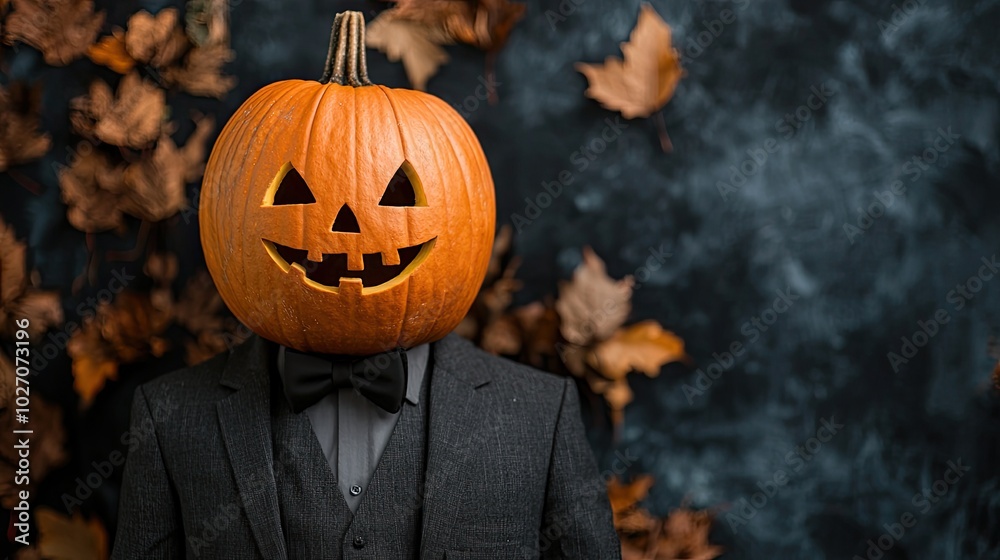 Naklejka premium A stylish figure in a suit with a carved pumpkin for a head, surrounded by autumn leaves, capturing a whimsical Halloween vibe.