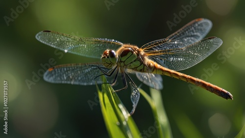 A close-up of a dragonfly perched on a blade of grass, with its wings spread out.