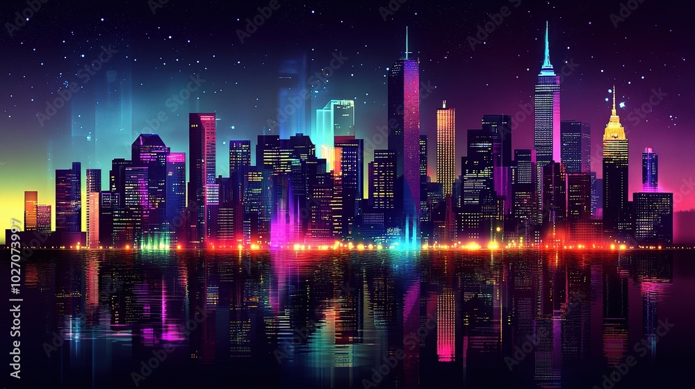 Fototapeta premium Vibrant City Skyline at Night with Colorful Lights
