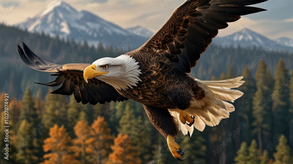 Obraz premium A powerful eagle, its sharp eyes scanning the landscape below, soars through the sky.