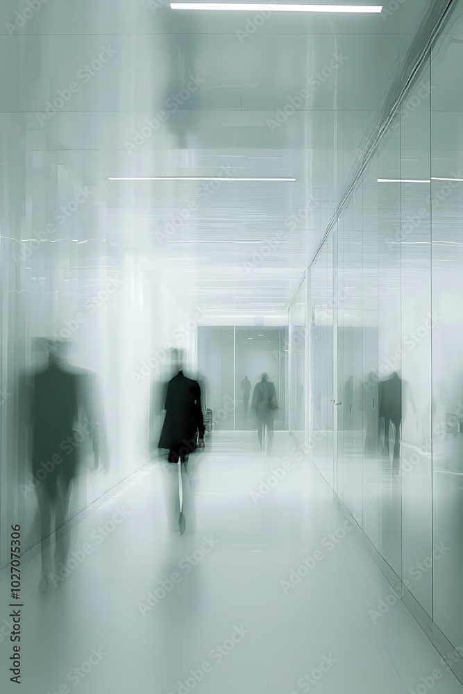 Contemporary hospital scene, indistinct figures against sleek, white glass. Contemporary hospital scene, indistinct figures against sleek, white glass.