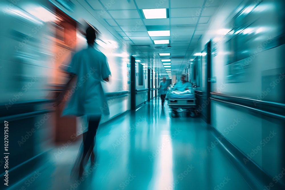 Hospital corridor depicted in a blur effect highlighting a doctor-patient interaction.