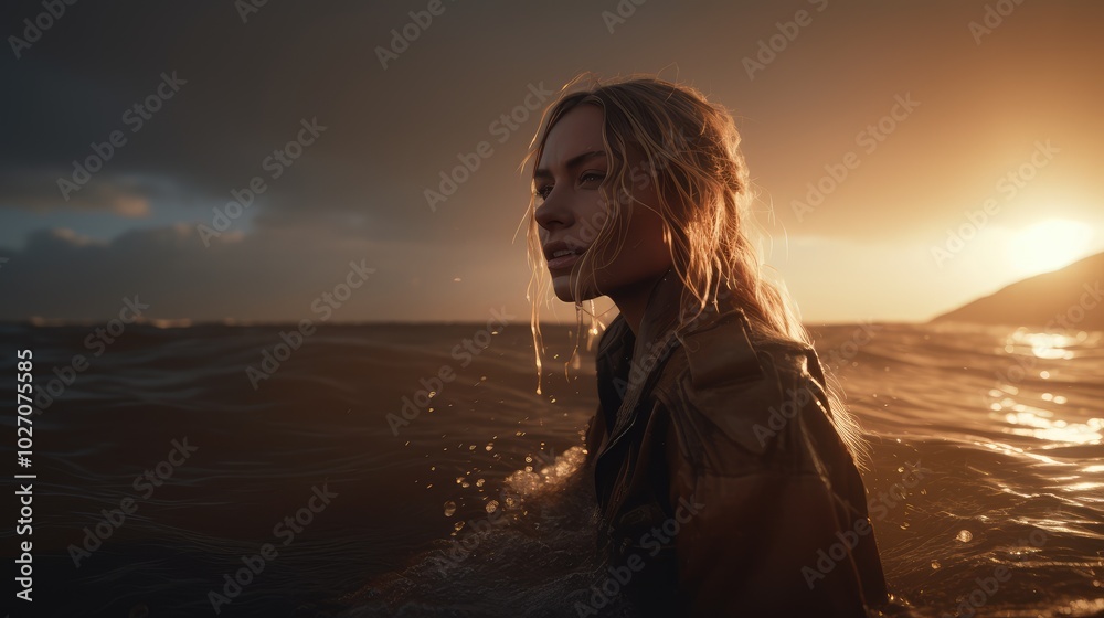 Woman in Ocean at Sunset with Dramatic Lighting Woman in Ocean at Sunset with Dramatic Lighting
