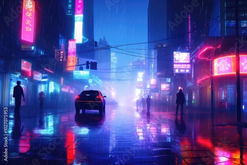 Vibrant Neon City Street at Night