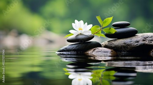 Black pebbles with a white flower and green leaves on calm water