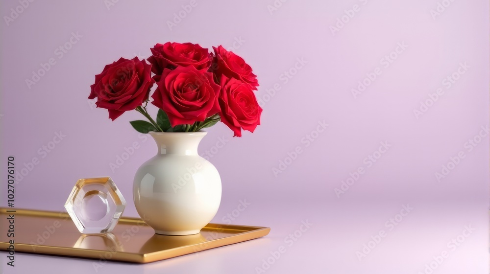 Fototapeta premium Porcelain Vase With Bright Red Roses on a Soft Lavender Background.