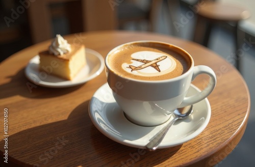 Airplane from cinnamon to coffee. A cup of coffee, dessert, boarding passes without a name. Travel concept. Cappuccino at the airport