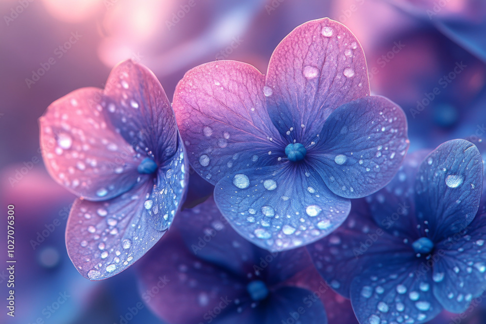 Dreamy blue and purple flowers with dew in soft-focus background Dreamy blue and purple flowers with dew in soft-focus background
