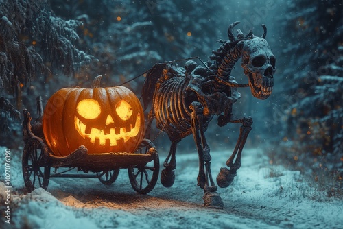 A glowing jack-o'-lantern sits in a carriage pulled by a skeletal horse through a snowy forest. photo