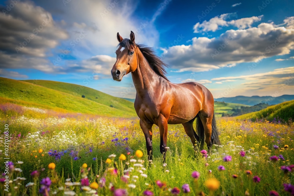 Vertical Portrait of a Brown Mare Horse in a Lush Spring Meadow Vertical Portrait of a Brown Mare Horse in a Lush Spring Meadow