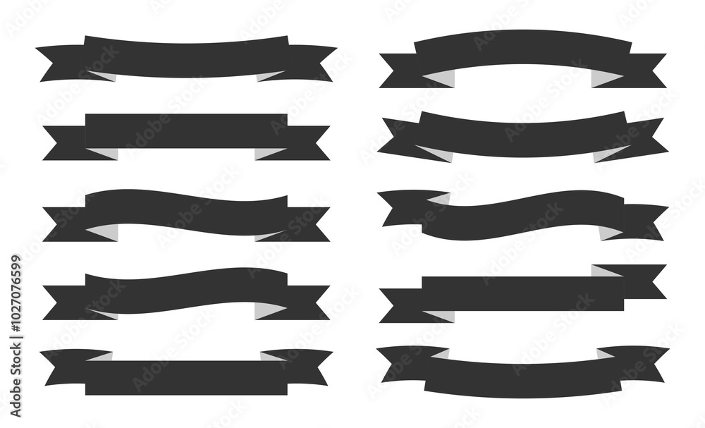 Ribbon icon collection. Silhouette vector ribbon banners icon set isolated on a white background. Set of 10 ribbons banner. Ribbon banner icon set in black color. Vector illustration. Ribbon icon collection. Silhouette vector ribbon banners icon set isolated on a white background. Set of 10 ribbons banner. Ribbon banner icon set in black color. Vector illustration.