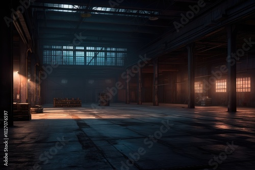 Atmospheric Dimly Lit Empty Warehouse